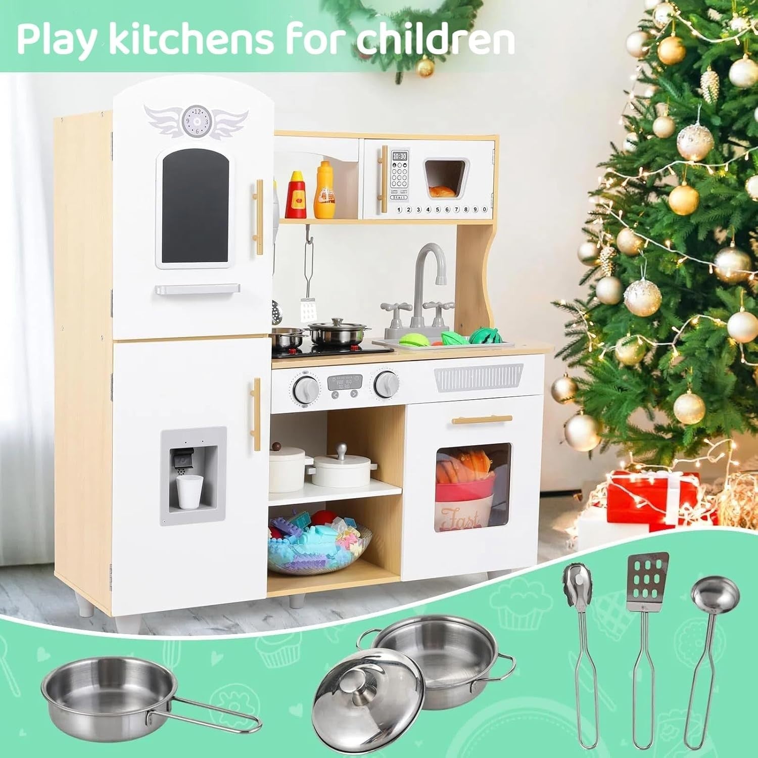 Kids Wooden Play Kitchen w/ Lights Sounds Ice Cream Maker