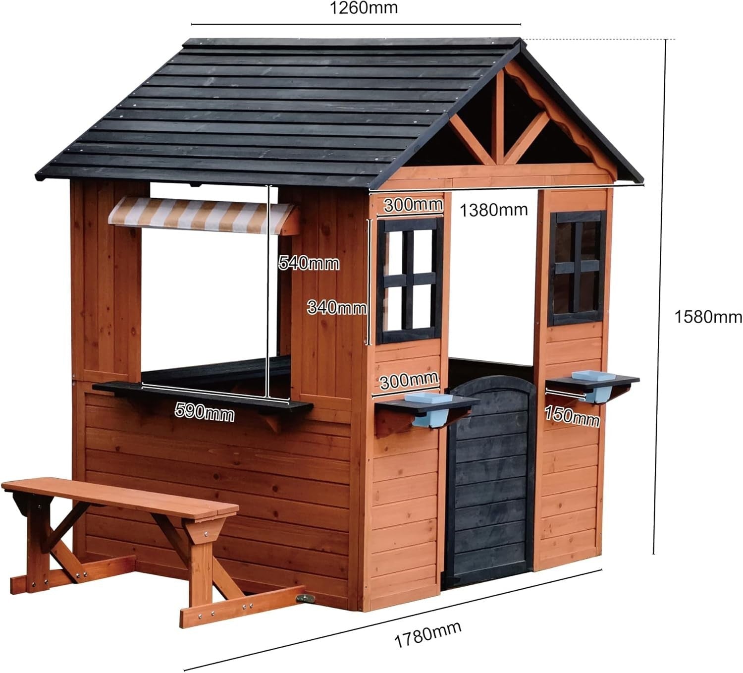 Large Wooden Kids Playhouse Outdoor Garden w Bench Door Windows