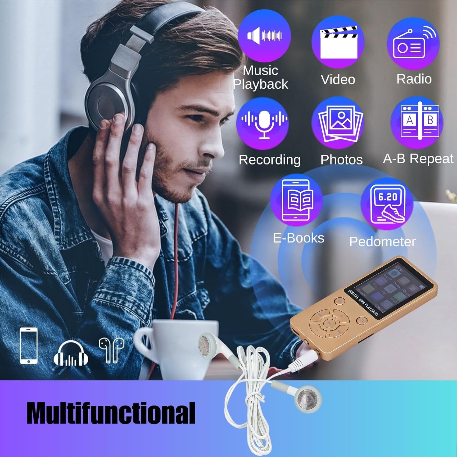 64GB Bluetooth 5.0 MP3 MP4 Player 1.8" LCD FM Radio Gold