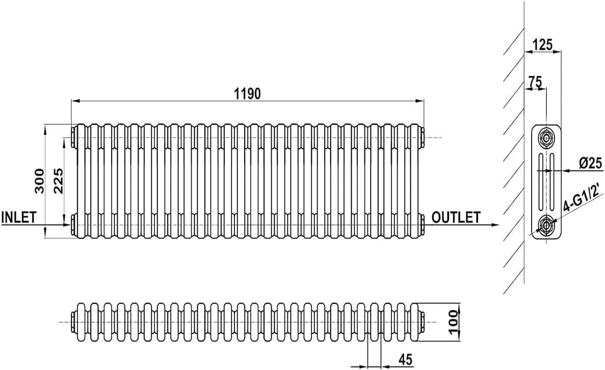 300x1190mm Anthracite 3 Column Cast Iron Style Radiator Central Heating