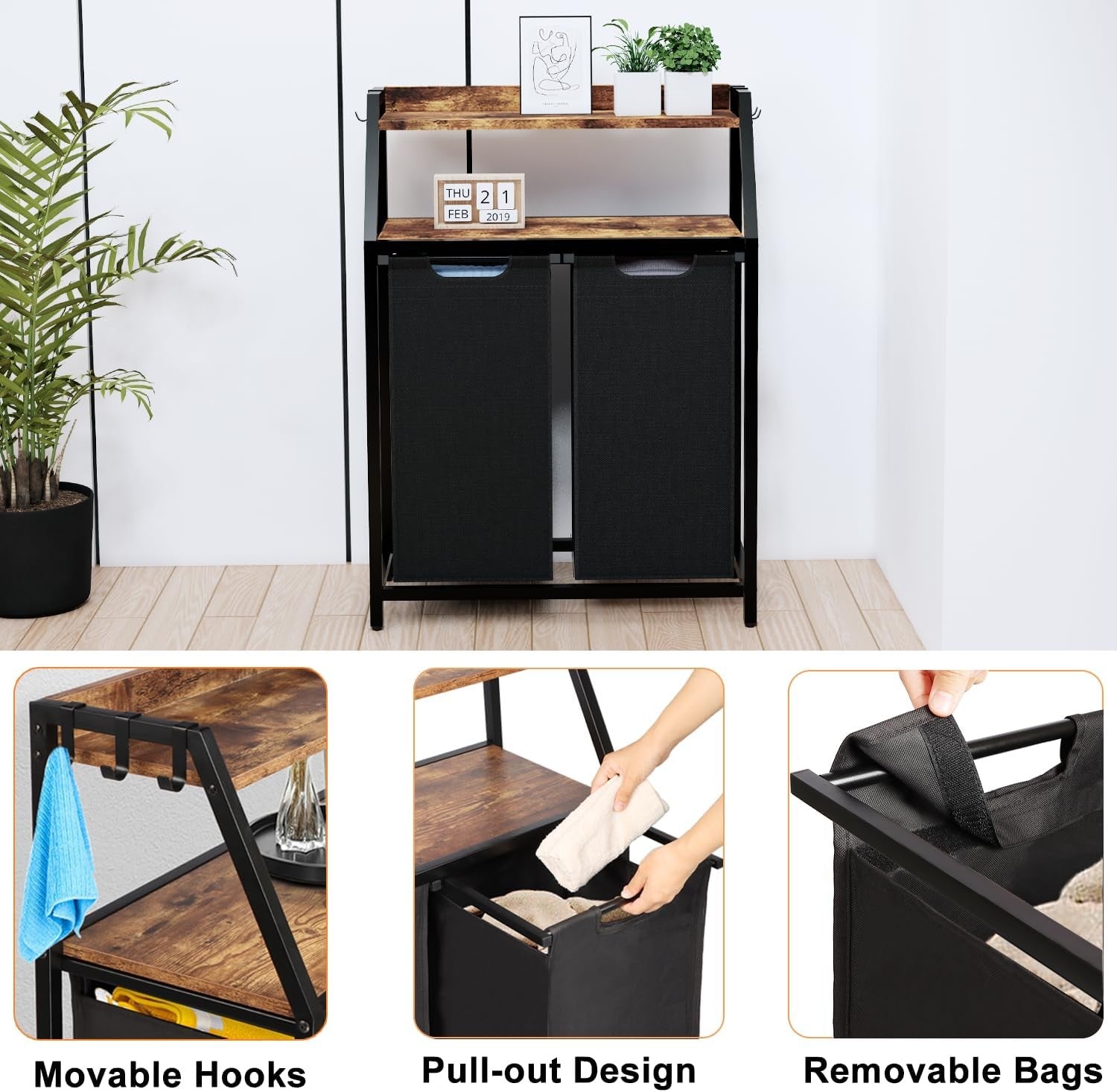 2-Section Laundry Sorter on Wheels with Shelves Rustic Wood Top Pull-Out Hampers