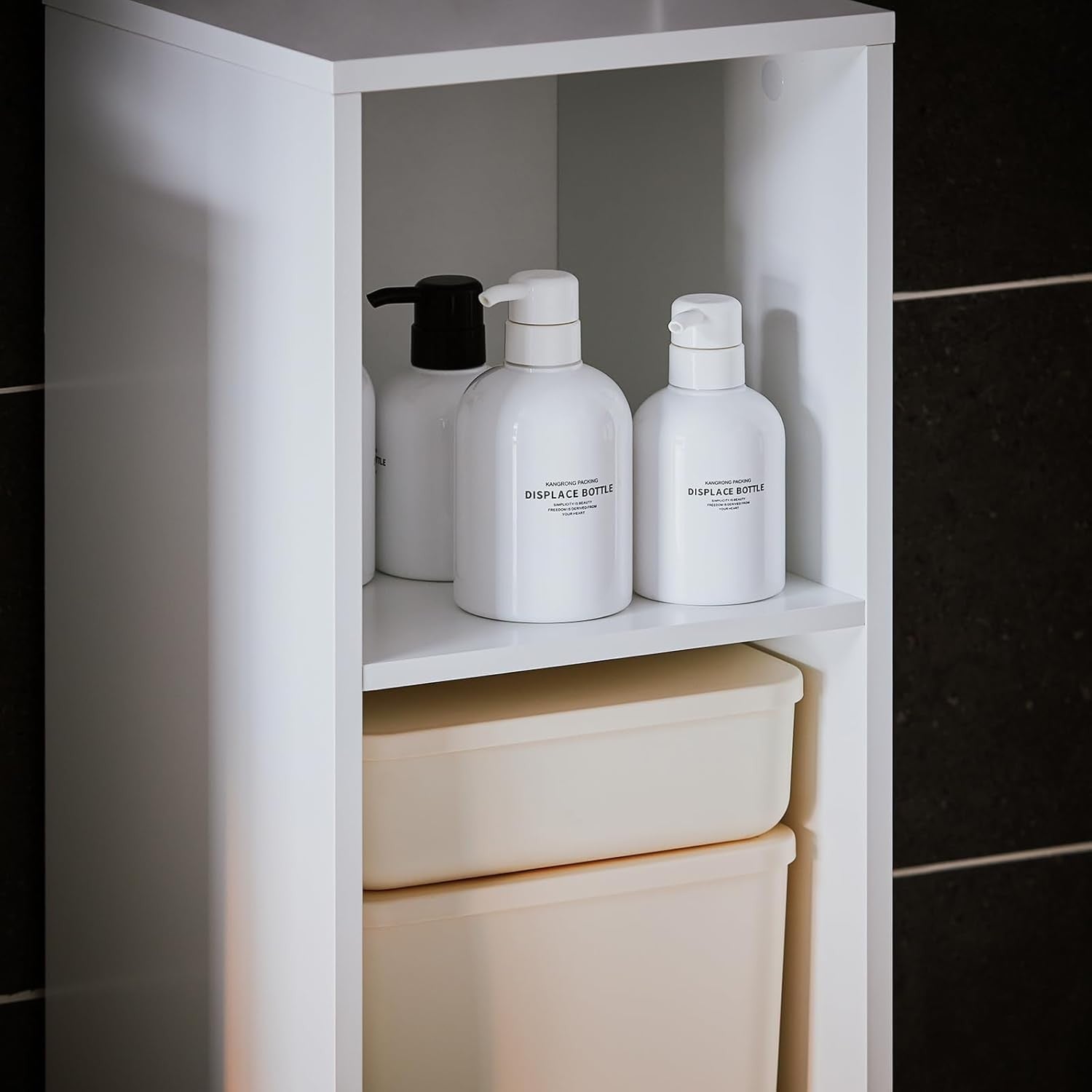 Tall Slim Bathroom Storage Cabinet with Laundry Hamper Adjustable Shelves White