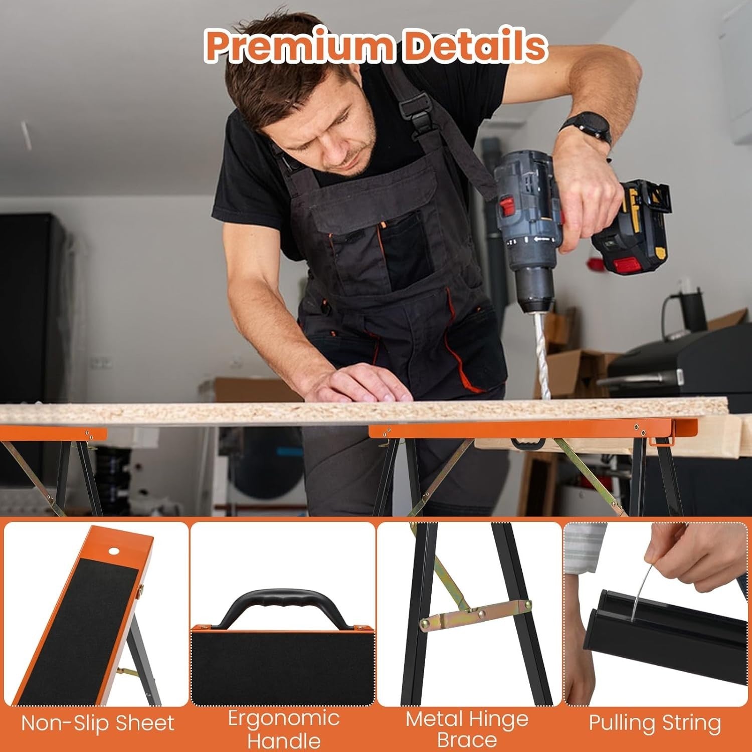 Folding Sawhorse Twin Pack Heavy Duty 375kg Non-Slip Metal Trestles Orange