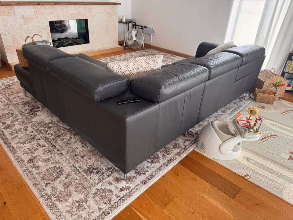 Blackish Dark Grey Leather Corner Sofa (PTP)