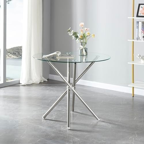 90cm Round Glass Dining Table with Silver Metal Legs Compact Kitchen Table