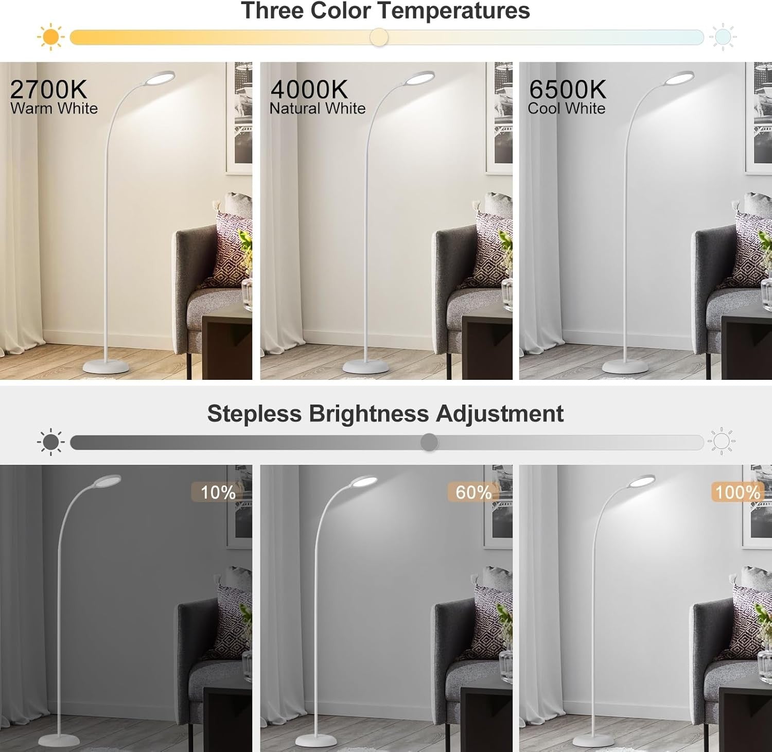 LED Floor Lamp Touch Dimmable White Standing Light 3 Colour Memory Modern