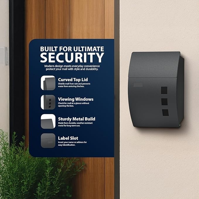 Wall Mounted Lockable Mailbox Waterproof Steel Post Box w/ Windows & Nameplate