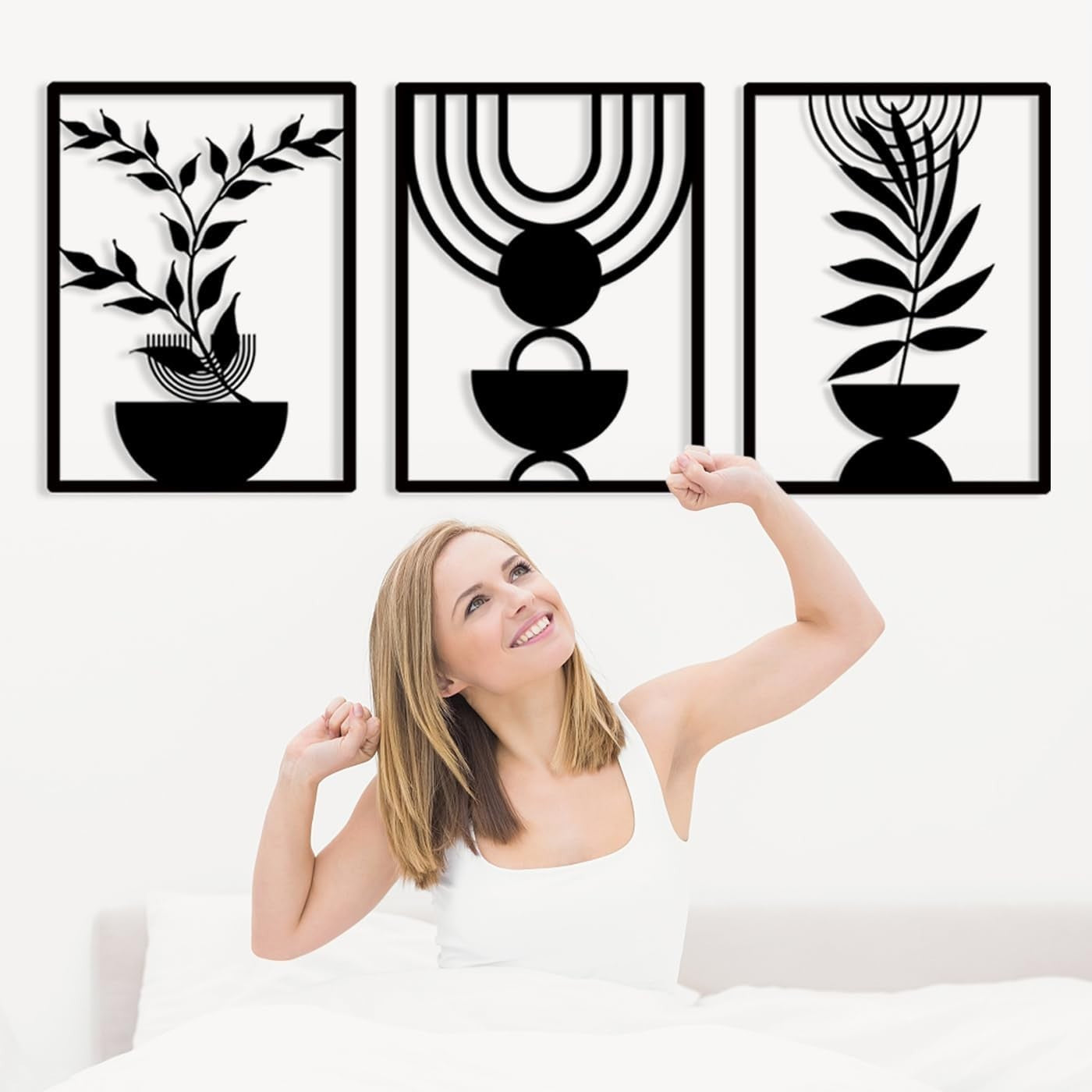 3 Panel Boho Metal Wall Art Black Geometric Wall Decor Set