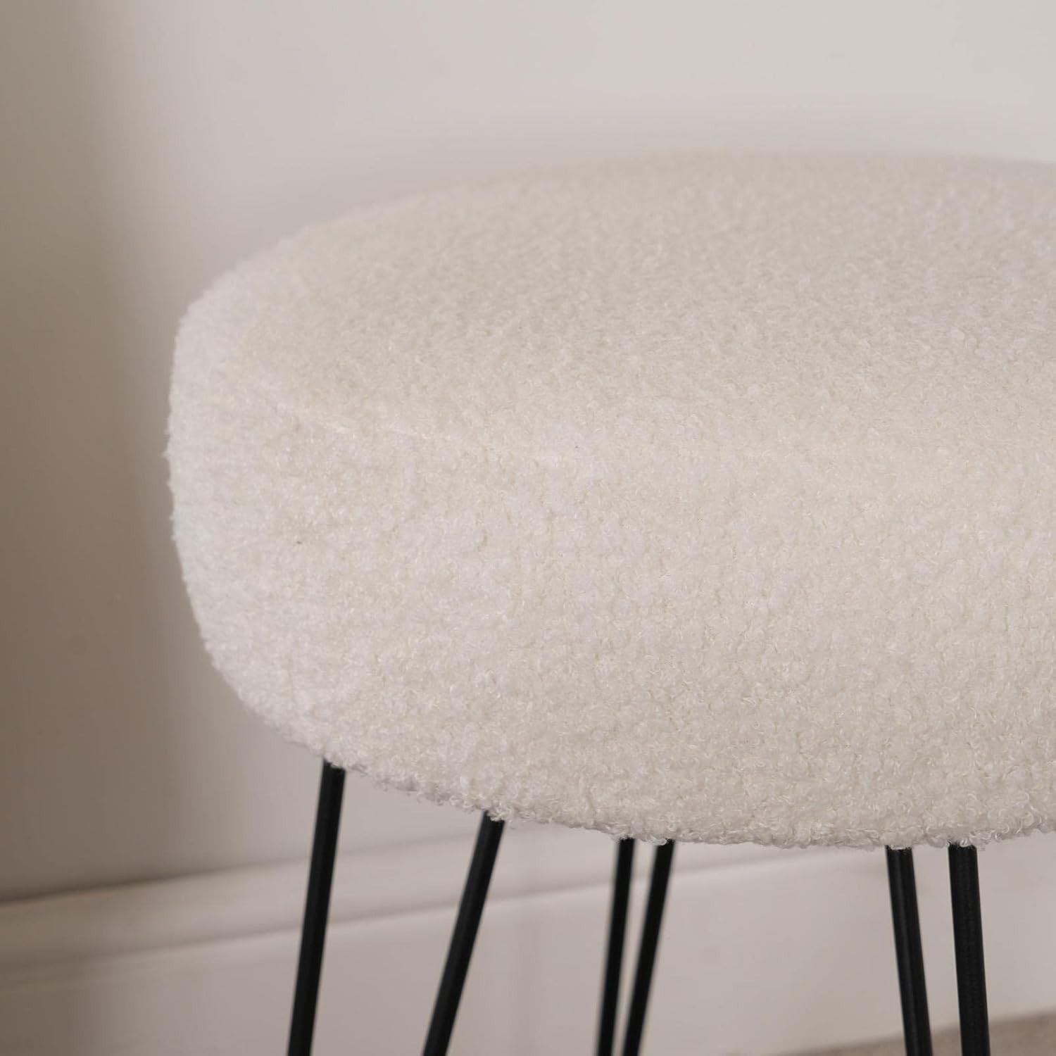 White Teddy Bouclé Round Stool Modern Padded Footrest Hairpin Leg Seat