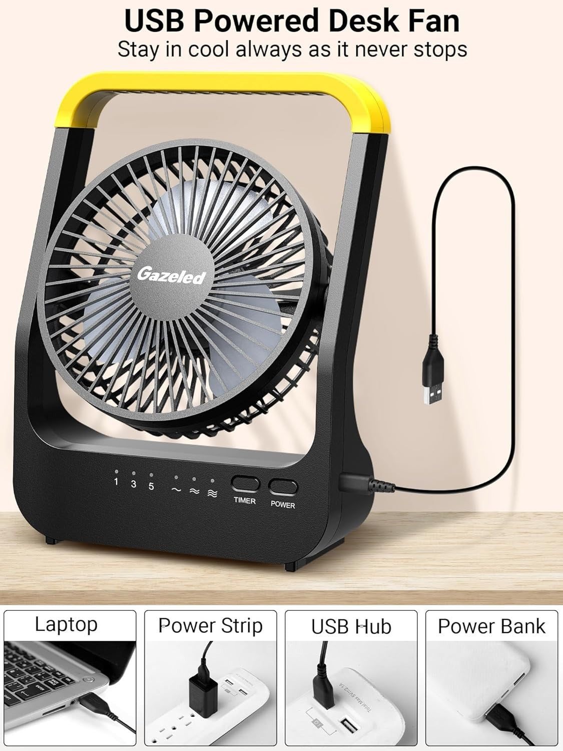 5-Inch Portable Battery Fan – Quiet 3-Speed Desk Cooling w/ Timer & USB Power