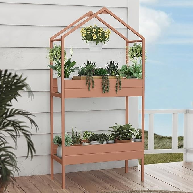 2 Tier Metal Plant Stand Indoor Outdoor Garden Shelf Rustproof Steel 75x35x150cm