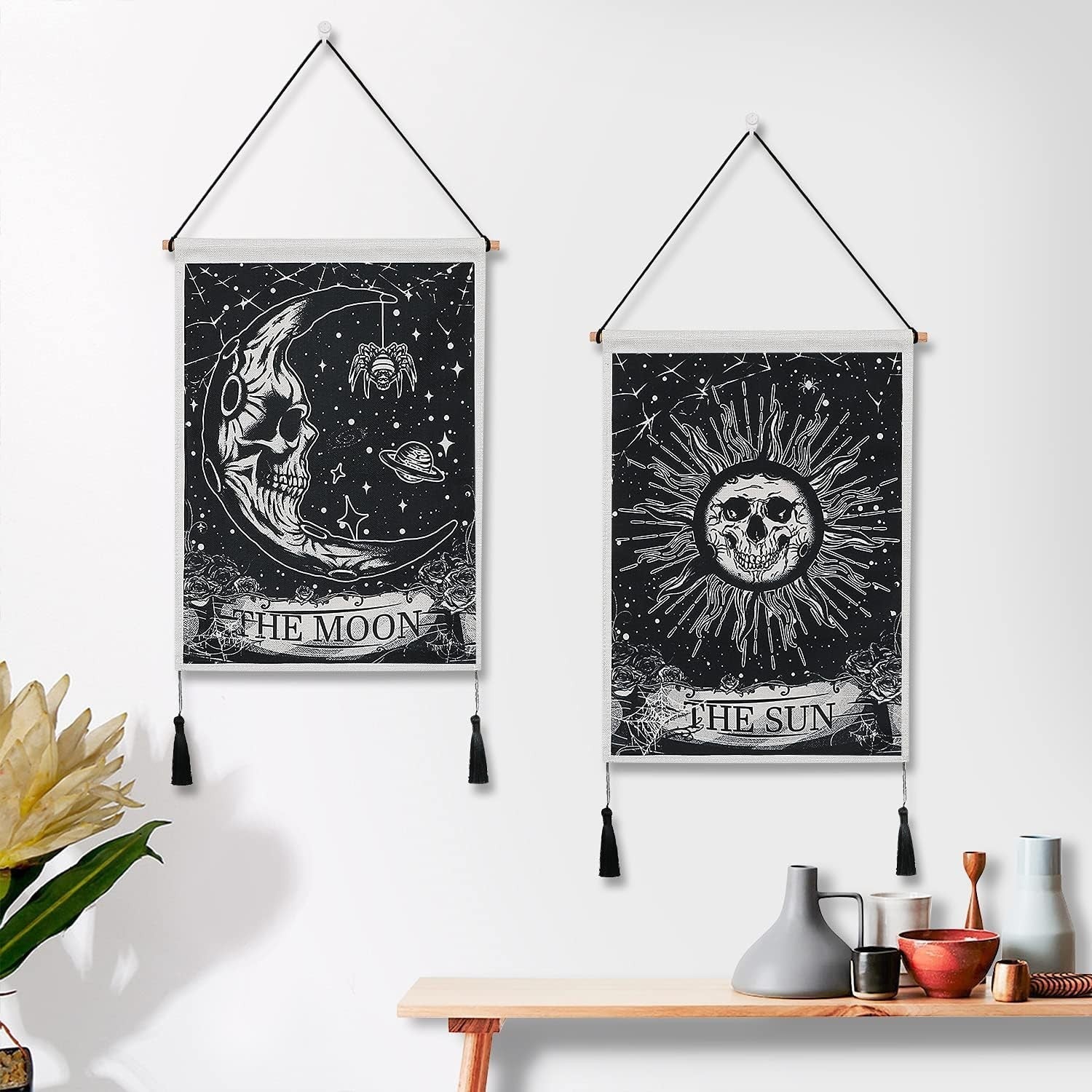 Pack of 2 Moon & Sun Skull Tapestries Boho Wall Decor Dark/White
