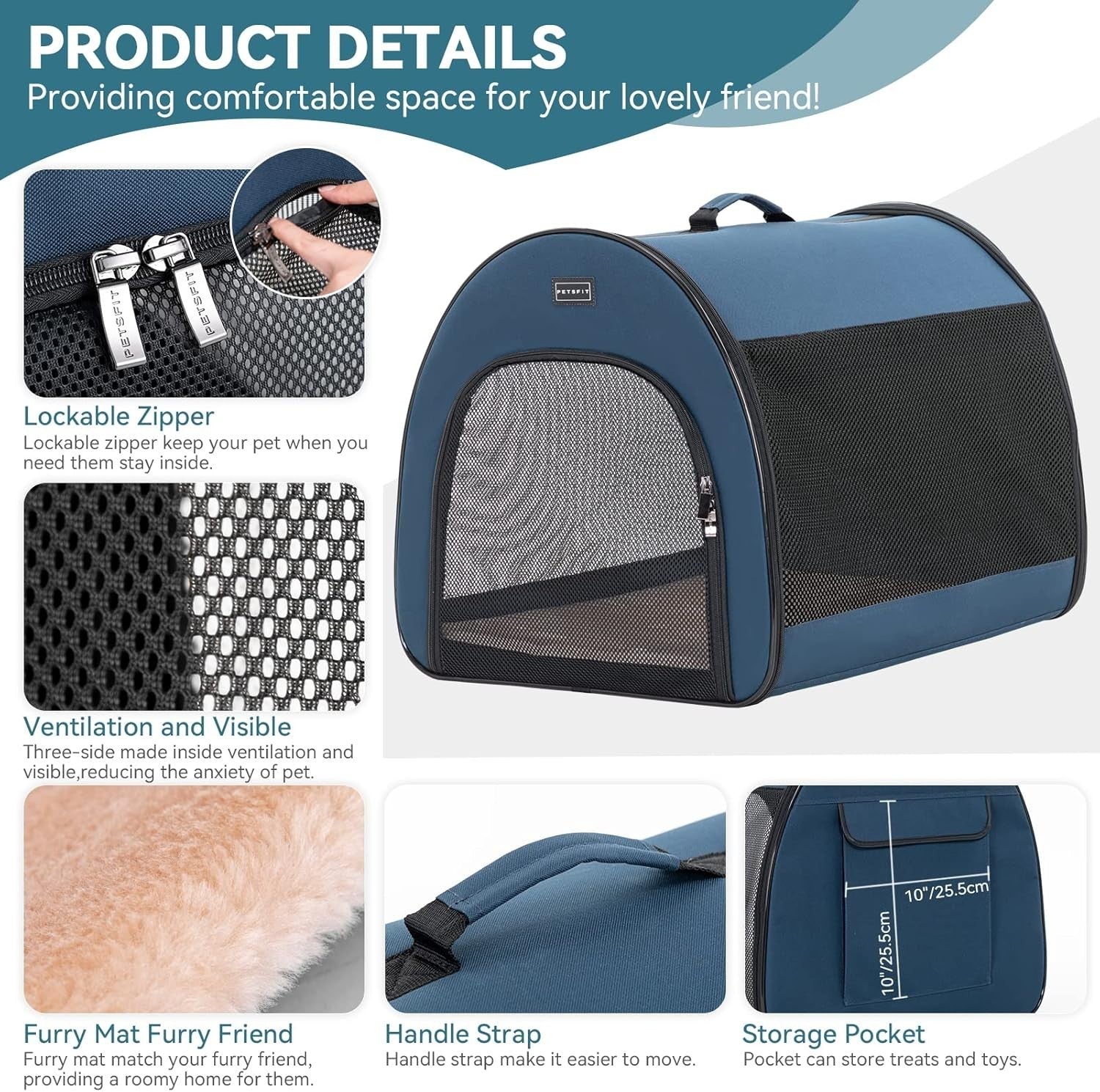 Portable Soft Dog Crate 67x50x50cm Lightweight Travel Kennel with Mat