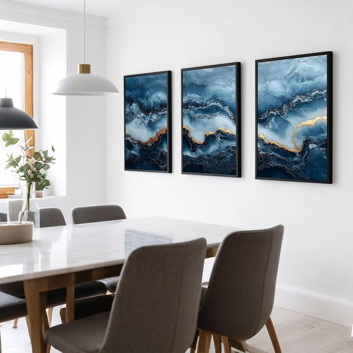Navy Blue Gold Wall Art Set of 3 A4 Abstract Marble Prints Modern Decor