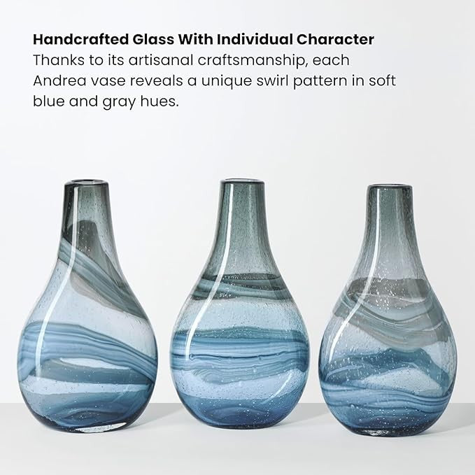 Blue Hand Blown Glass Vase 36cm Tall Modern Coastal Table Centerpiece