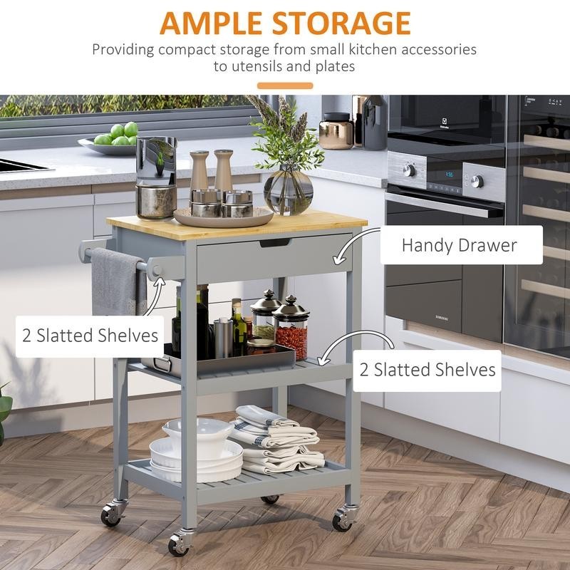 Grey Kitchen Trolley Cart with Drawer Shelves Wheels & Wood Worktop