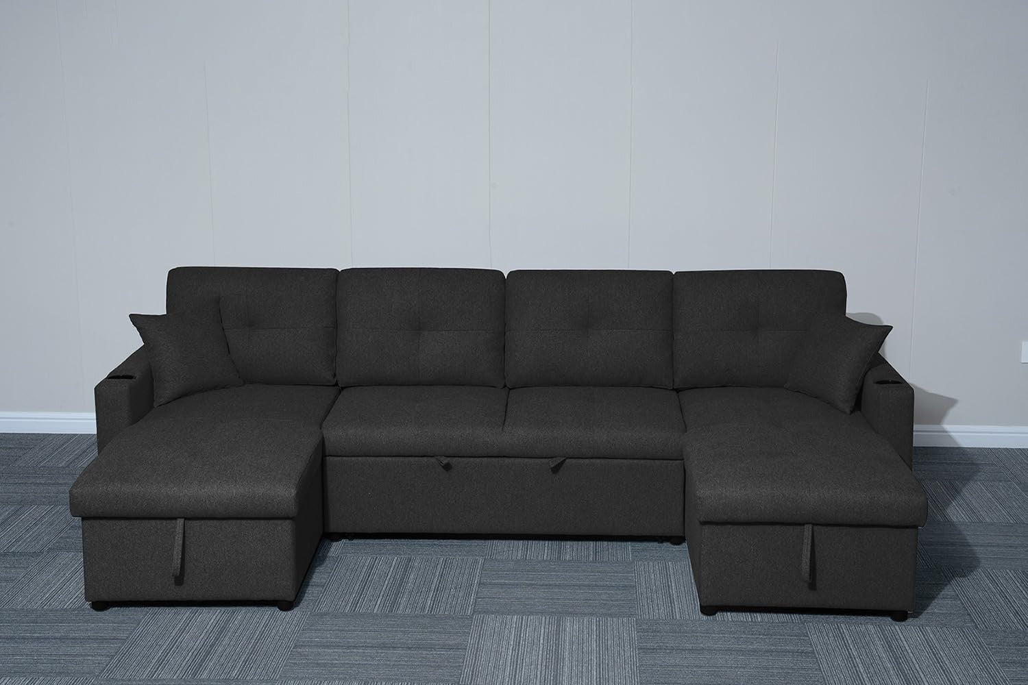 Black Fabric U-Shaped 4 Seater Sofa Bed with Storage & Pull-Out Bed