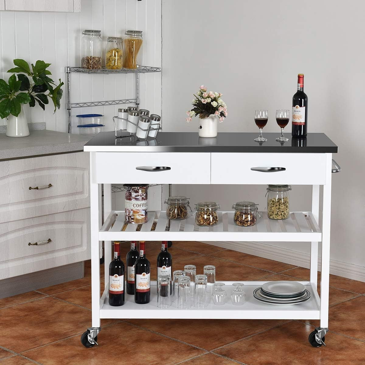 Kitchen Island Trolley Rolling Serving Cart Stainless Steel Top Drawers