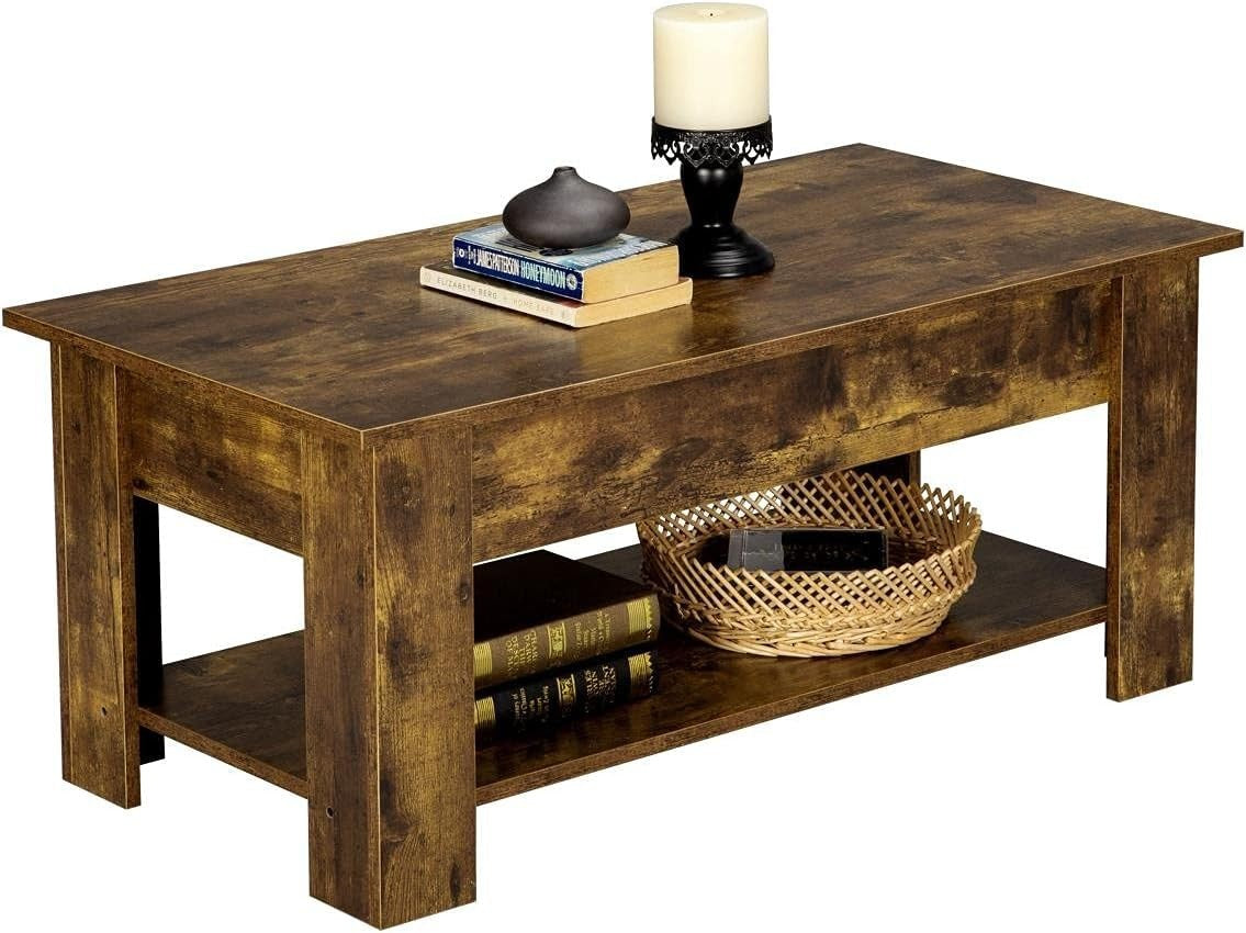 Lift Up Coffee Table with Storage Shelf – Rustic Brown, Hidden Compartment