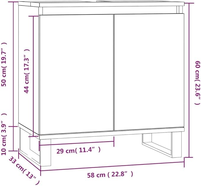 Black Under Sink Bathroom Cabinet 58cm Modern Vanity Unit with Doors & Metal Leg