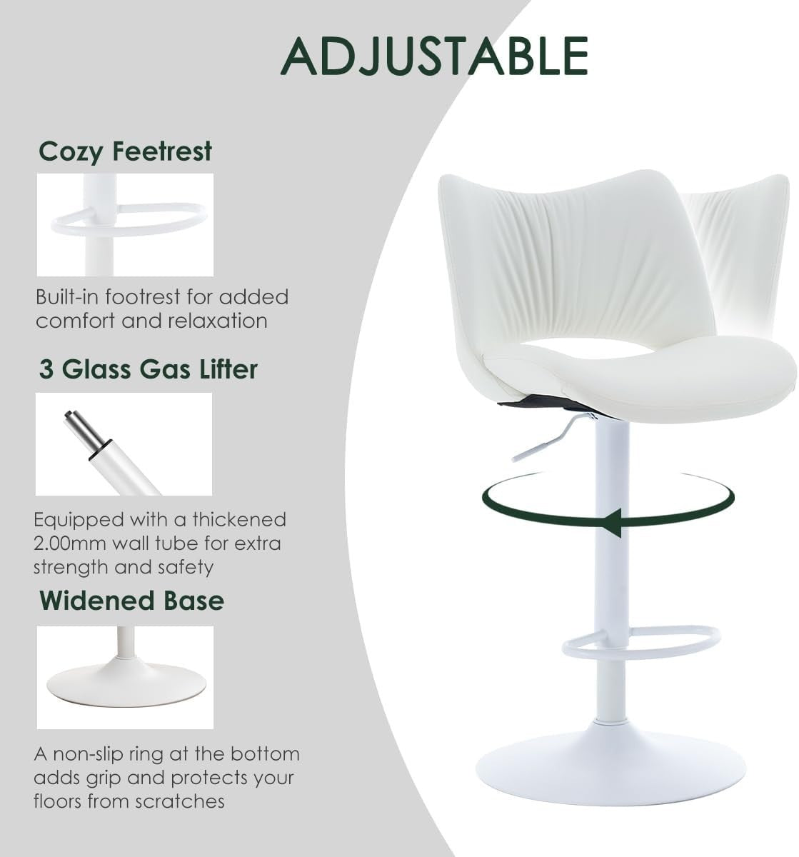 Adjustable Bar Stool 1pc White PU Leather Swivel Counter Kitchen Chair