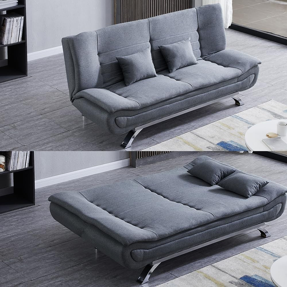 Grey Linen 3 Seater Sofa Bed Double Futon with Pillows, 188cm Convertible