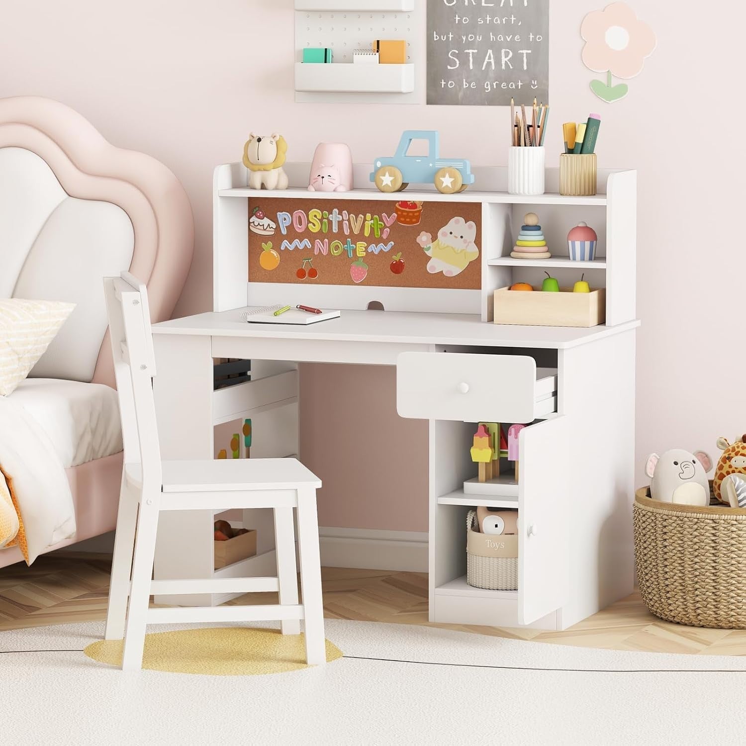 Kids Study Desk and Chair Set Wooden Writing Table Storage Shelves Drawer White