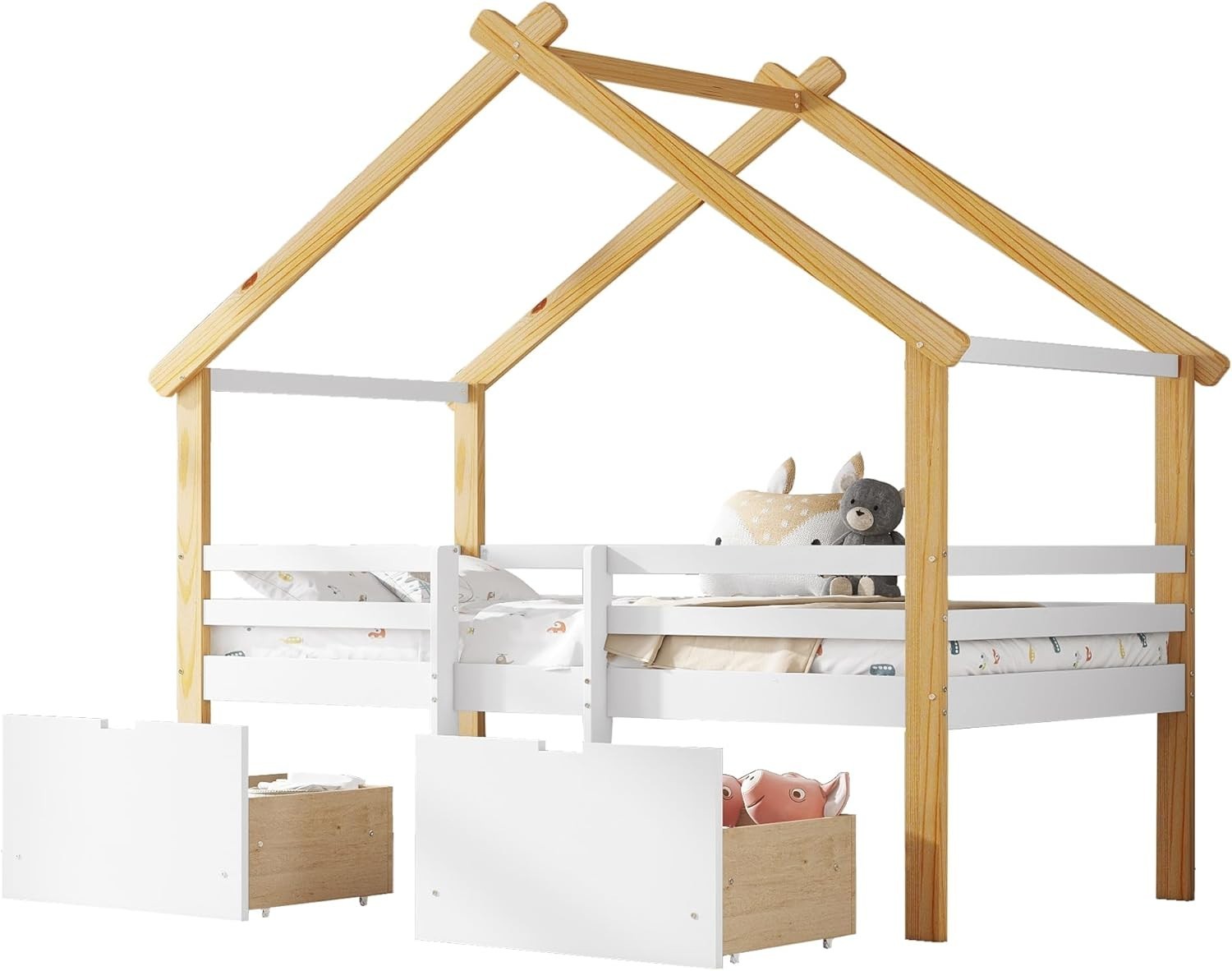 Kids Cabin Bed 3FT with Ladder & 2 Storage Drawers White Natural 90x190cm