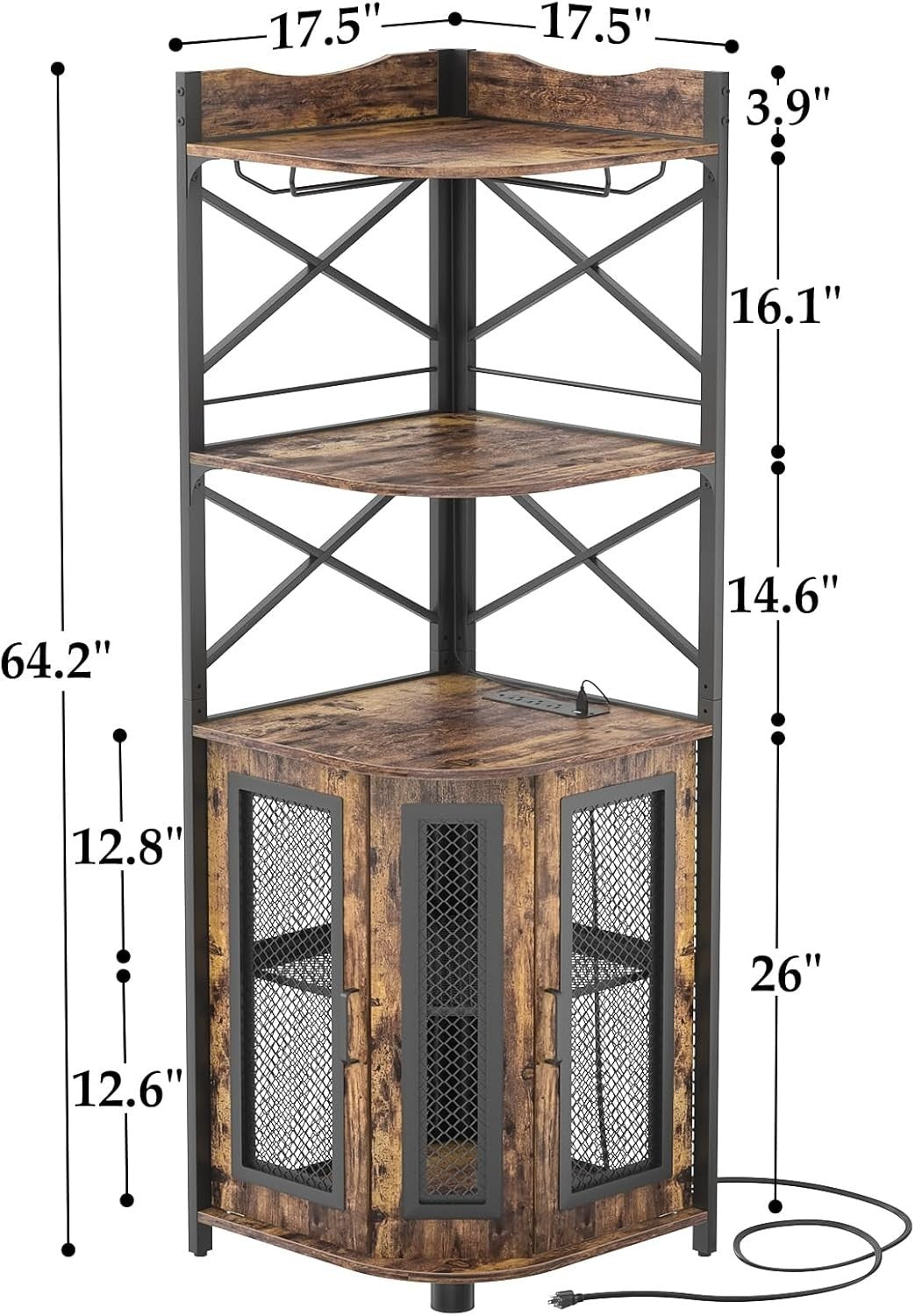 Corner Bar Cabinet with LED Lights & Power Outlets, 5-Tier Rustic Liquor Display