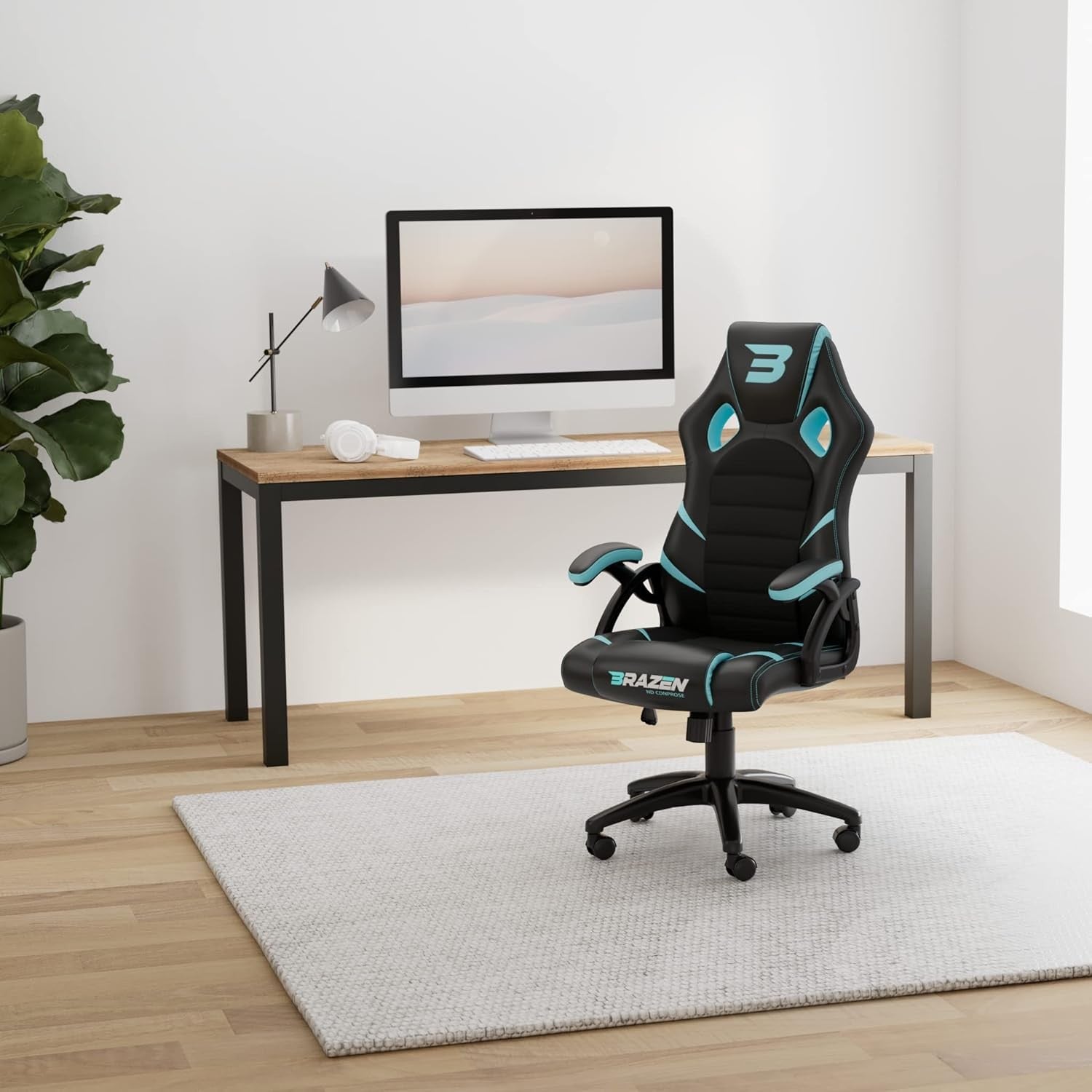 Ergonomic Gaming Chair Racing Style Faux Leather Swivel Blue