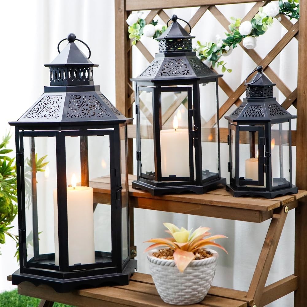 3-Pack Black Vintage Metal Candle Lanterns