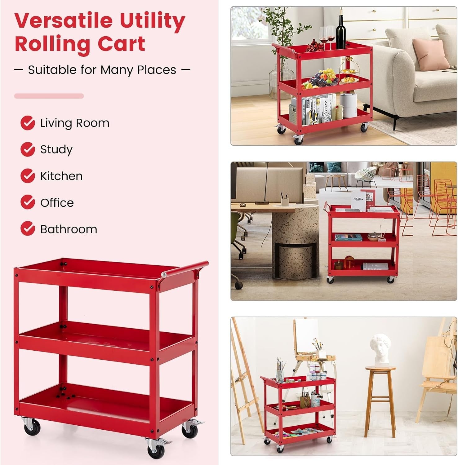 Heavy Duty Tool Trolley 3 Tier Rolling Metal Service Cart with Locking Wheels