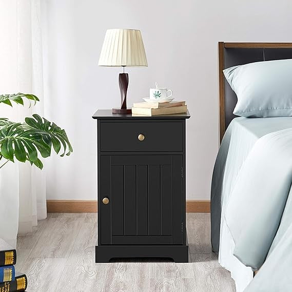 Black Wooden Bedside Table with Drawer & Cupboard | Adjustable Shelf Storage