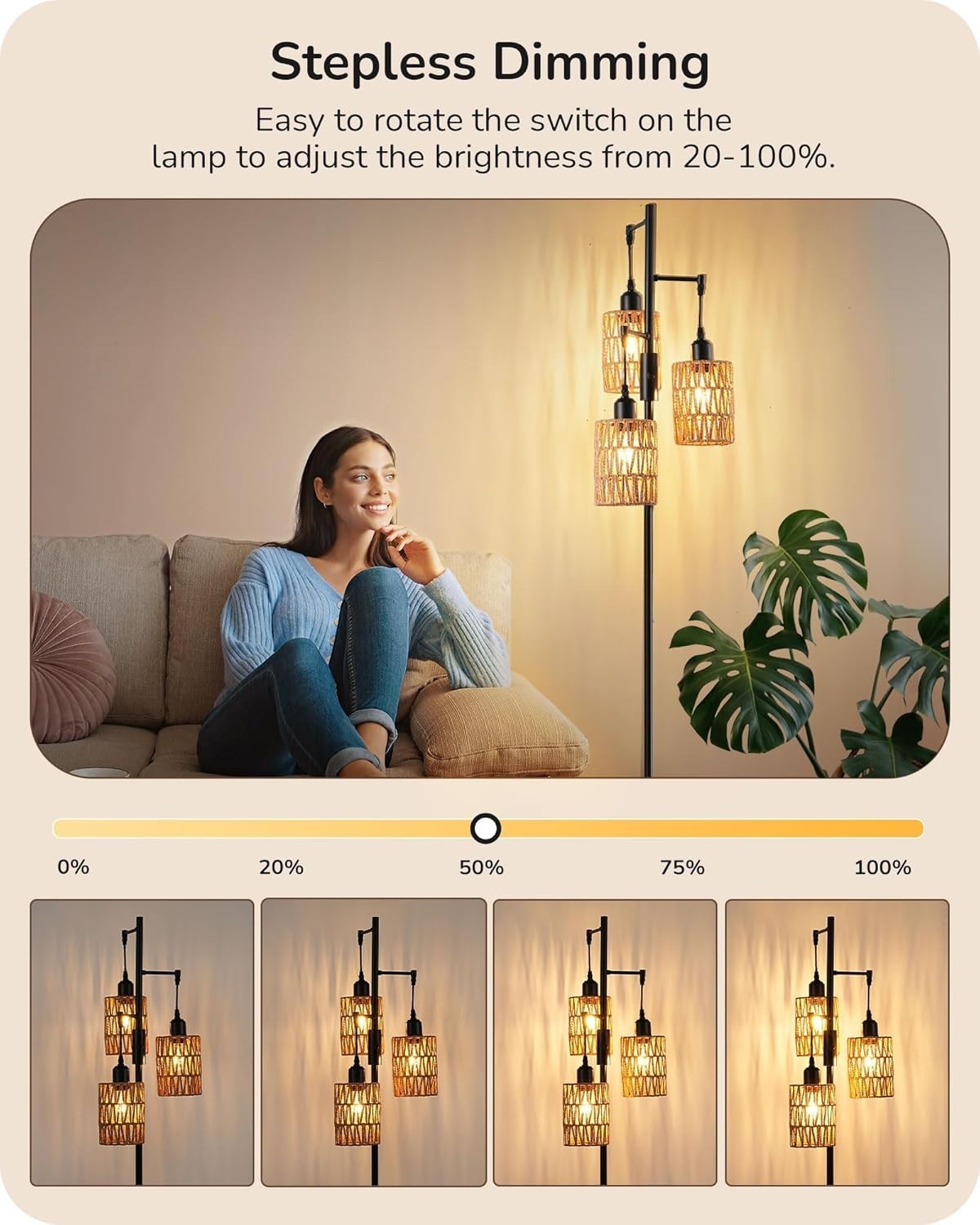 Dimmable Boho Floor Lamp with 3 LED Bulbs & Rope Cage Shades