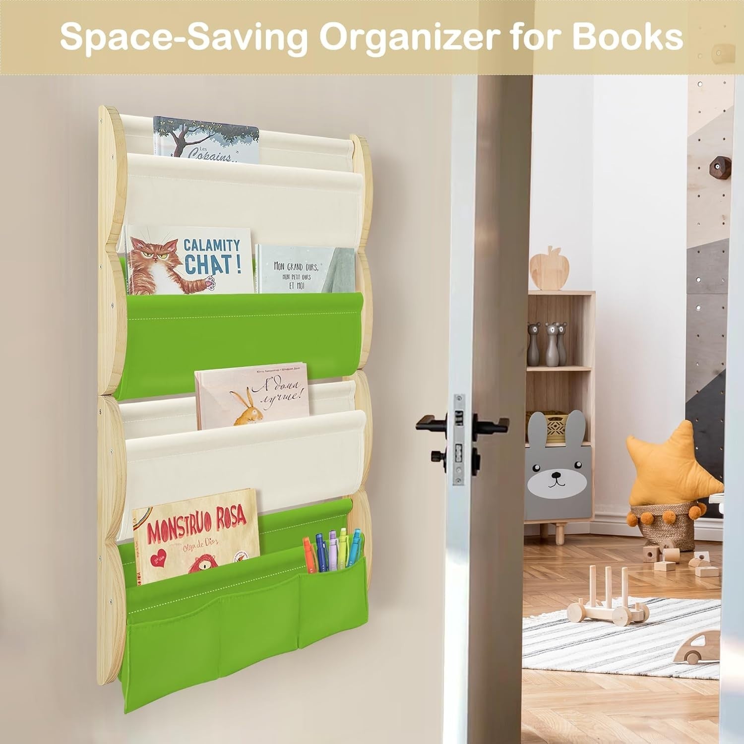 Montessori Kids Wall Bookshelf 4 Tier Storage Rack with Pockets – Green
