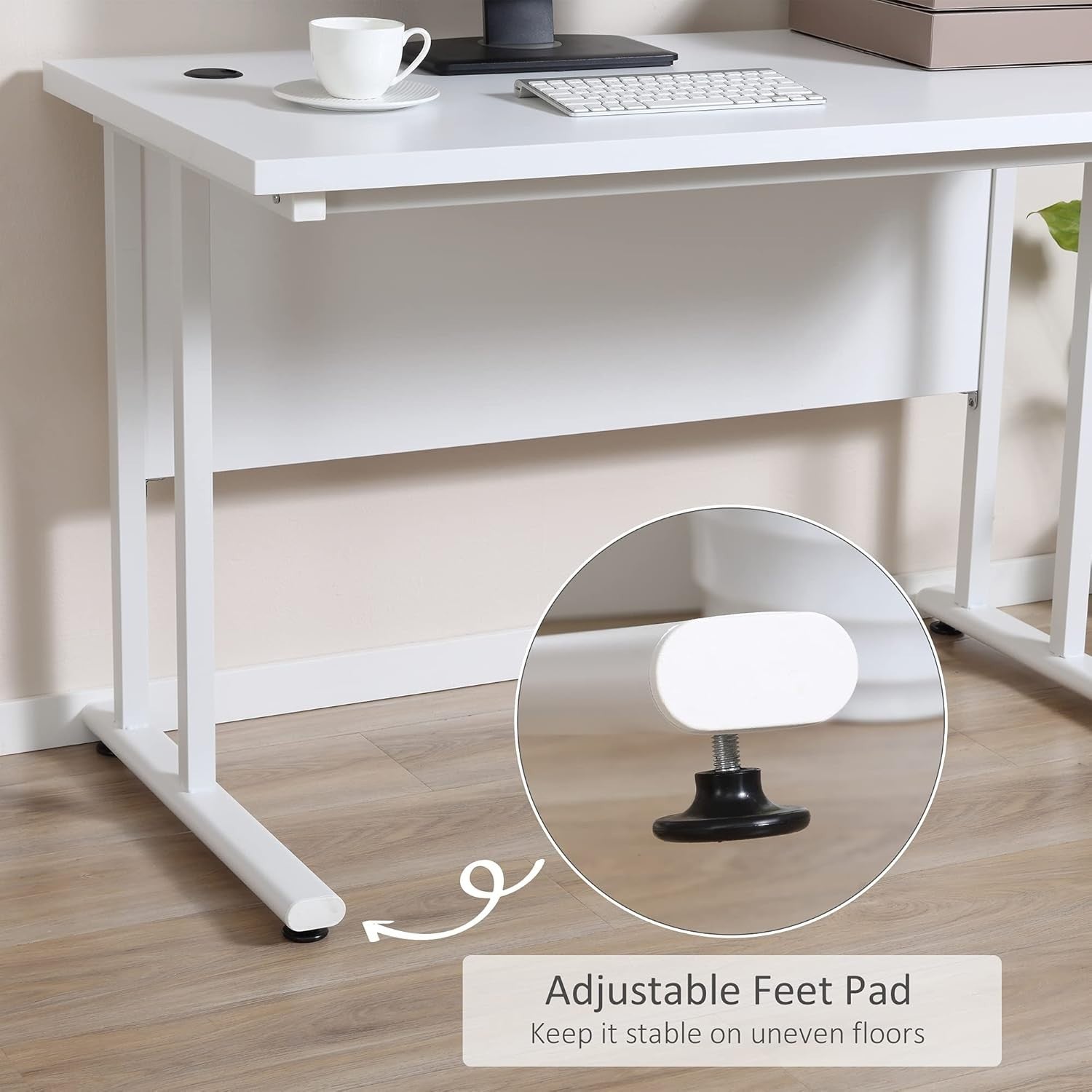 White 120x60cm Computer Desk w/Cable Holes, Metal Legs & Adjustable Feet