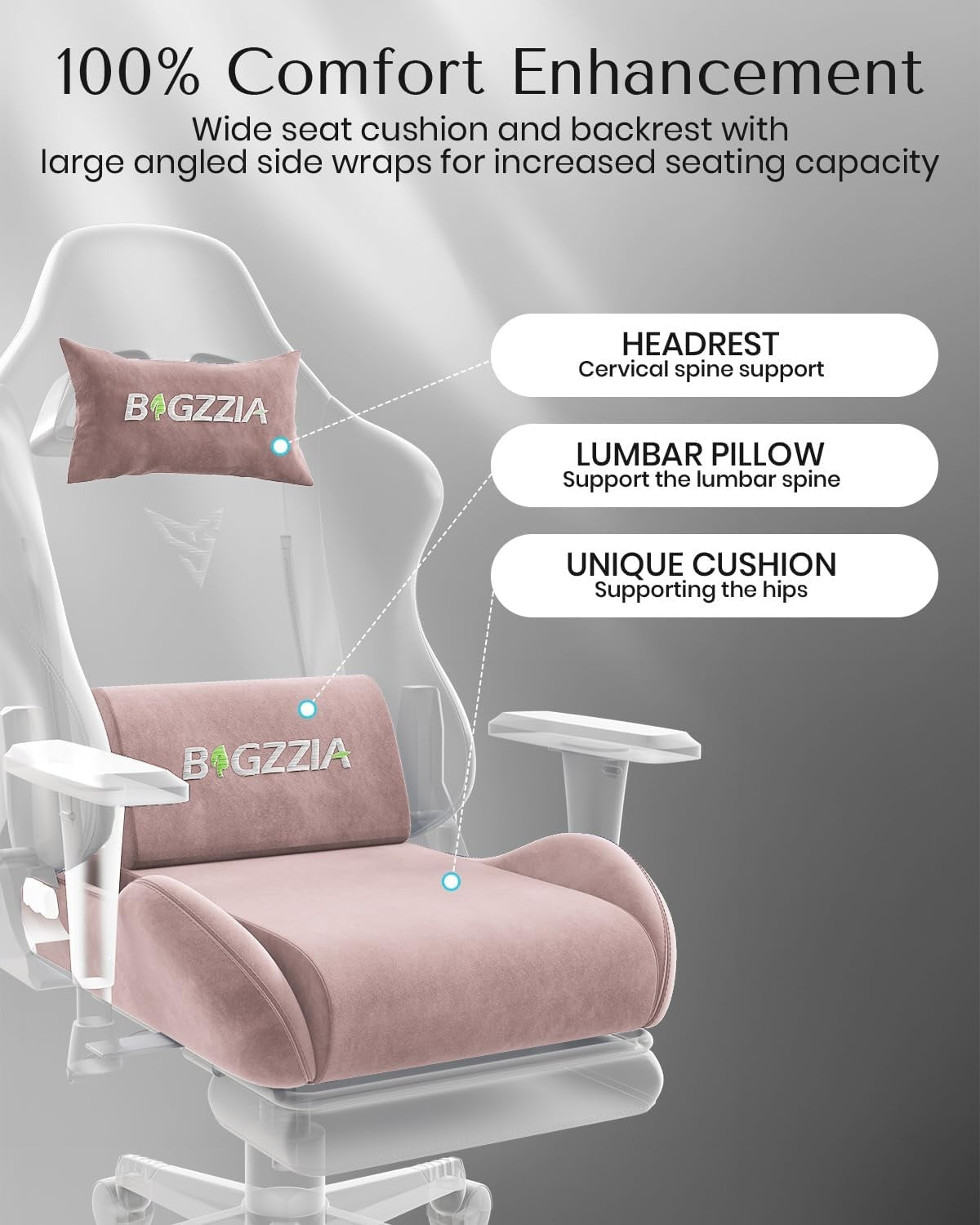 Pink Gaming Chair with Cat Ears Massage Lumbar Recliner