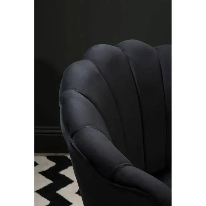 Black Velvet Shell Chair – Scalloped Accent Seat with Gold Metal Legs