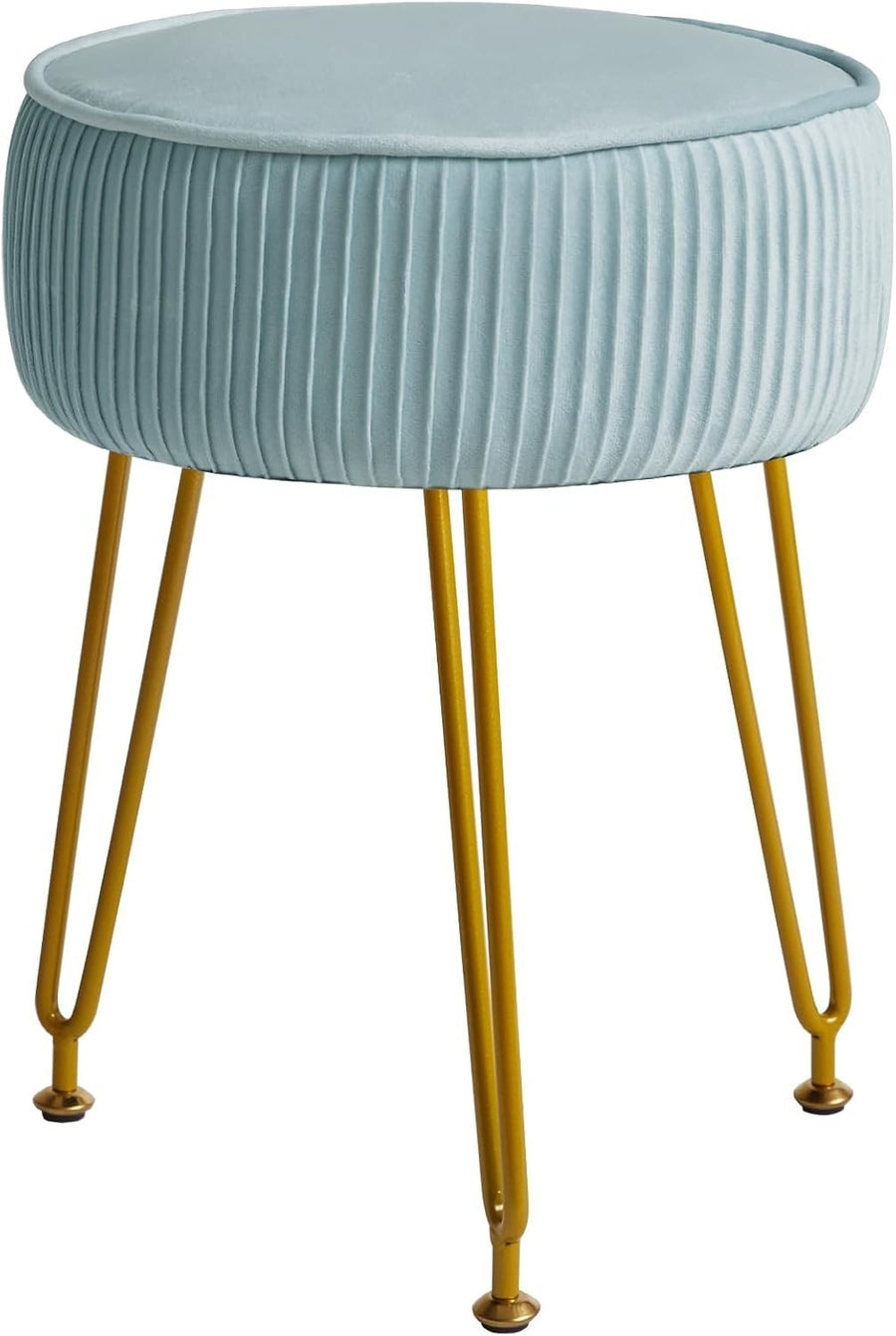 Light Blue Velvet Vanity Stool — Round Footstool with Gold Legs