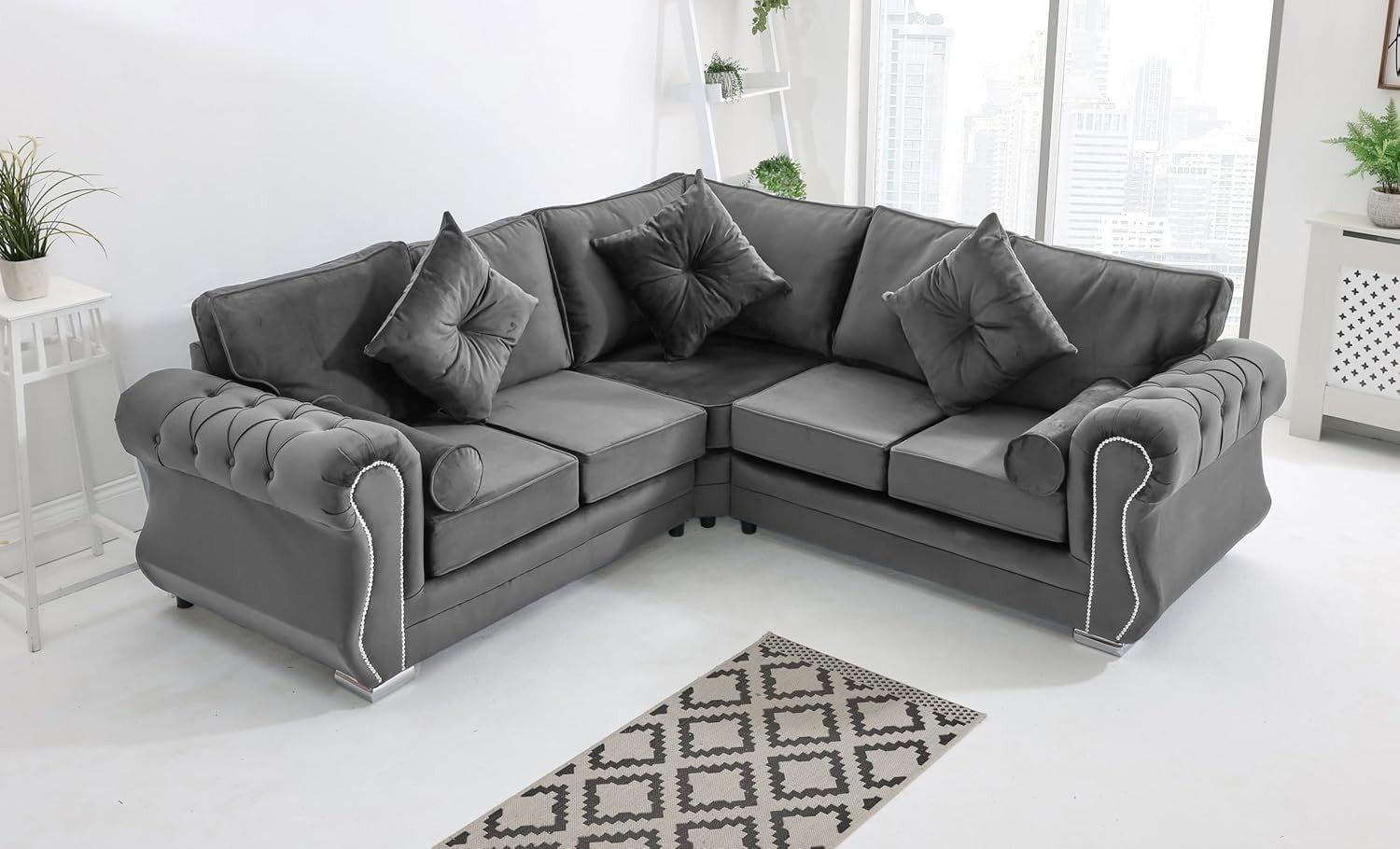 Grey Plush Velvet Corner Sofa 5 Seater Foam Cushions & Chrome Feet