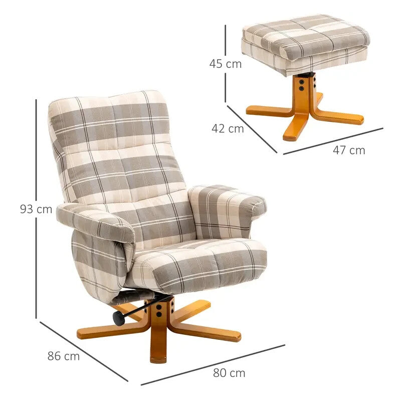 Linen Swivel Recliner Armchair with Footstool Storage & Wood Base