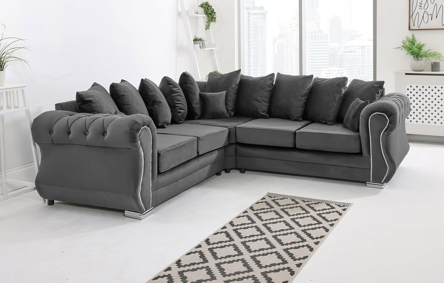 Grey Plush Velvet 5 Seater Corner Sofa with Foam Cushions & Button Tufted