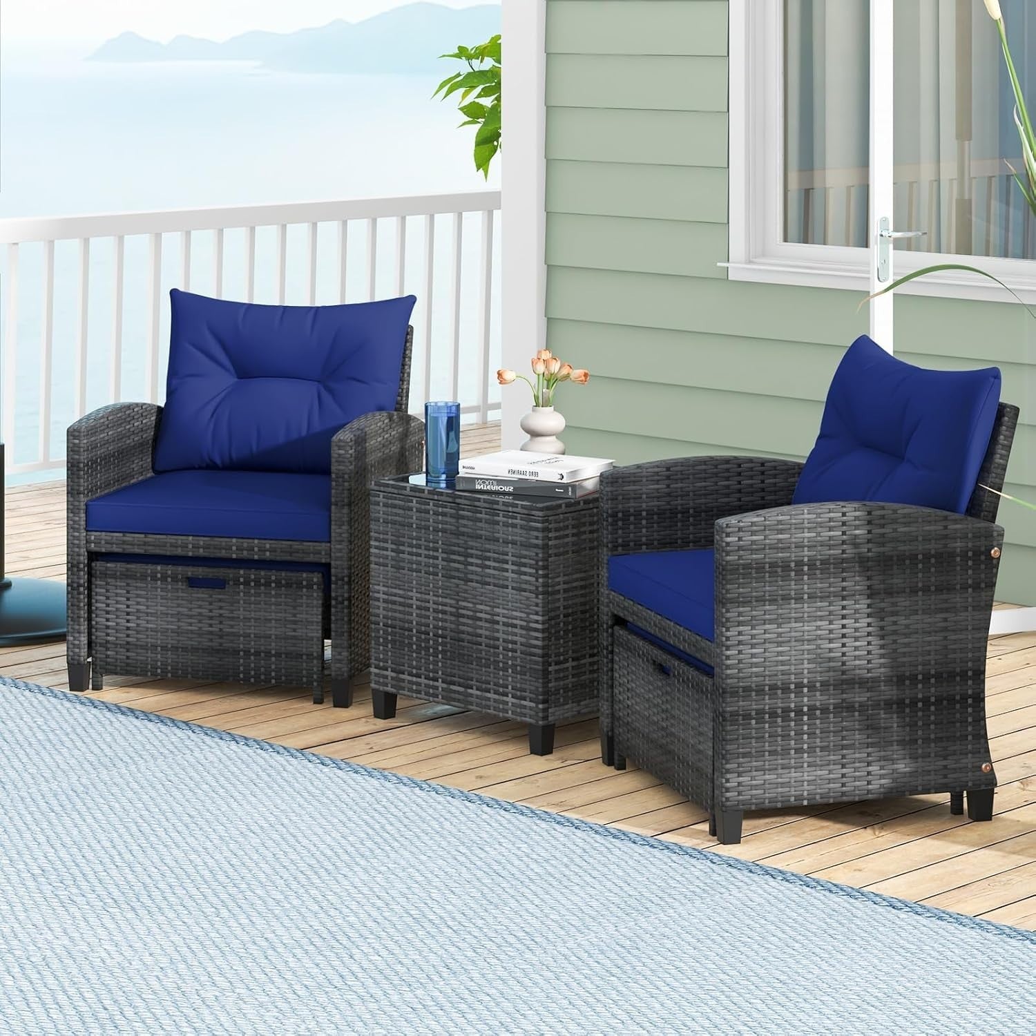 5 Piece Rattan Garden Furniture Set Navy Cushions Patio Sofa Chairs
