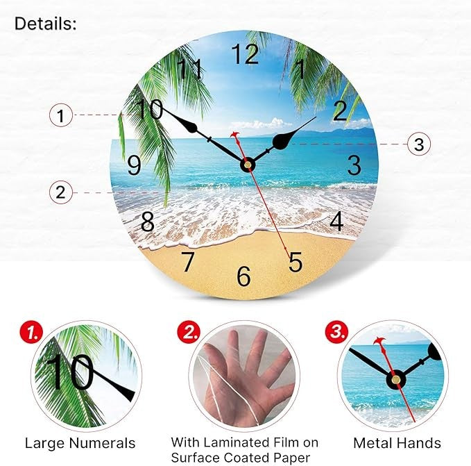 14" Tropical Palm Tree Wall Clock Silent Beach Coastal Summer Home Decor