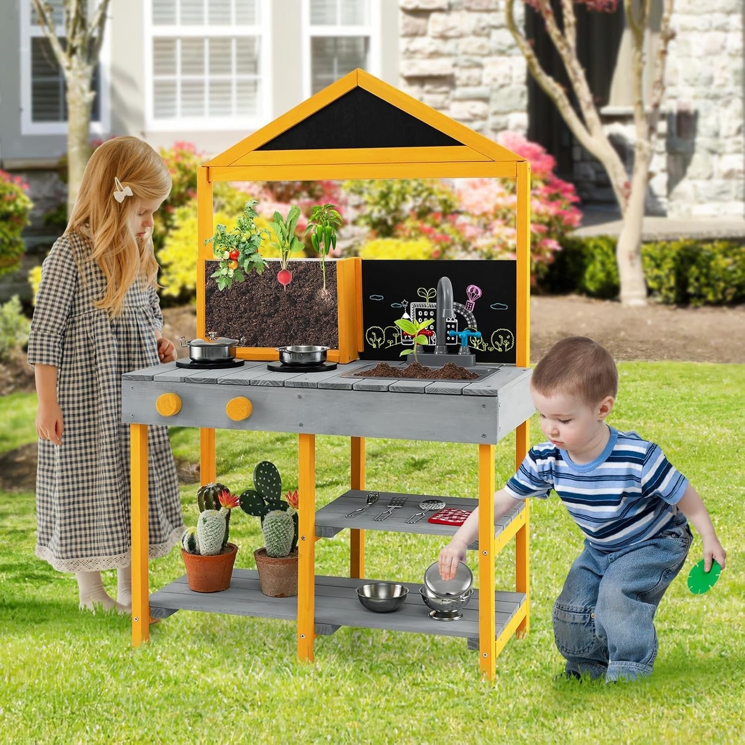 Outdoor Mud Kitchen Kids Playset w/ Planter Sink Chalkboard Toy