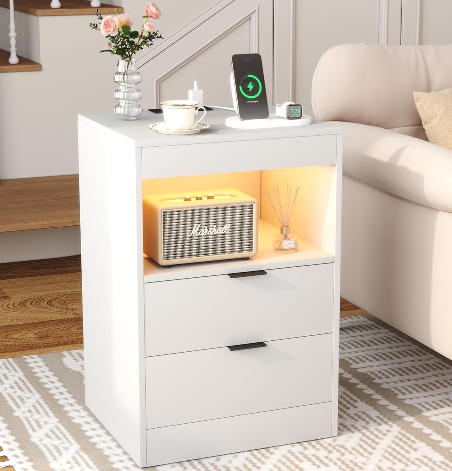 White LED Nightstand with Charging Station – 2 USB Ports, Power Outlets & Drawer