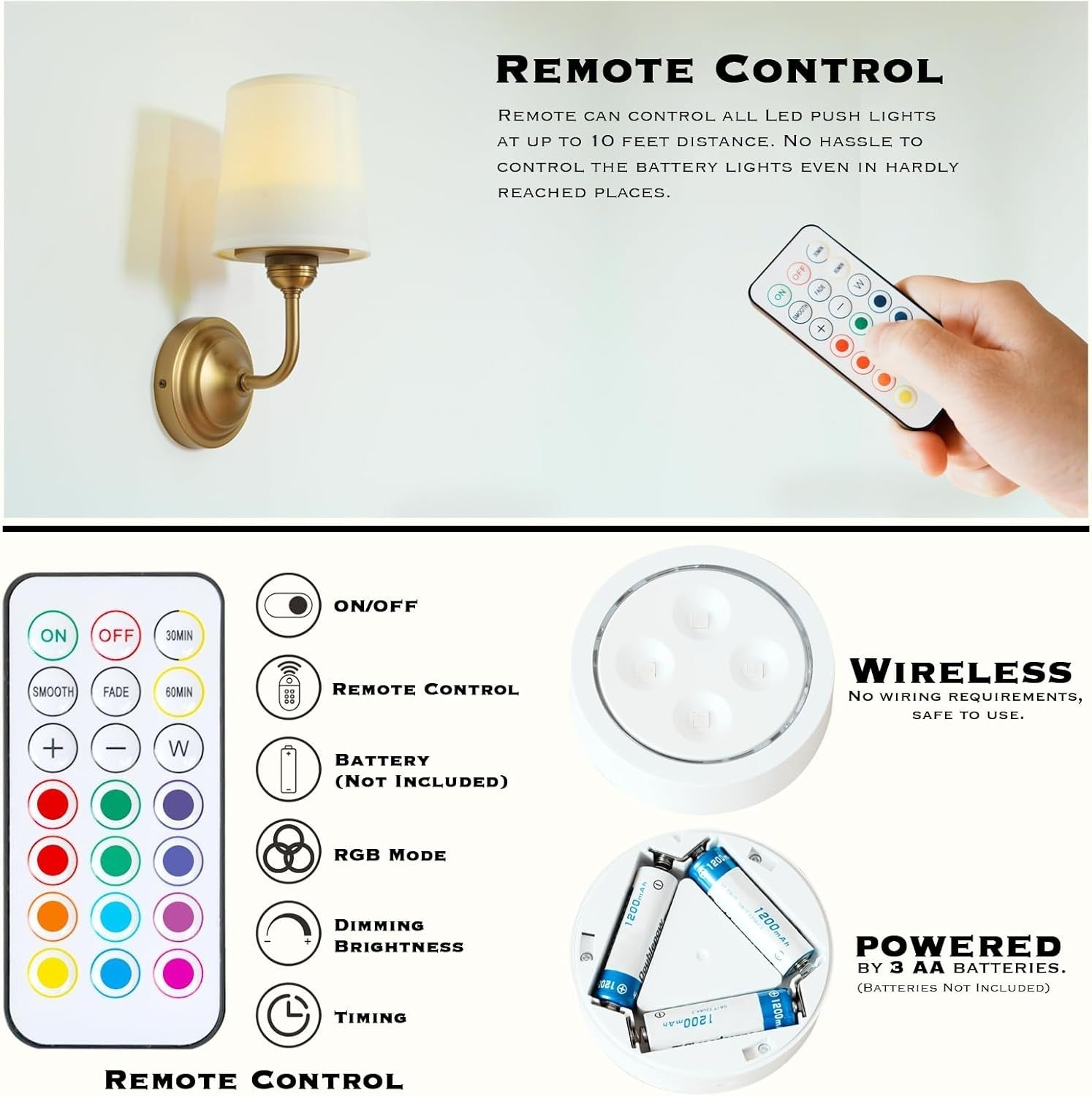 Battery Wall Lights Set of 2 Dimmable Remote Control Sconce Lamps