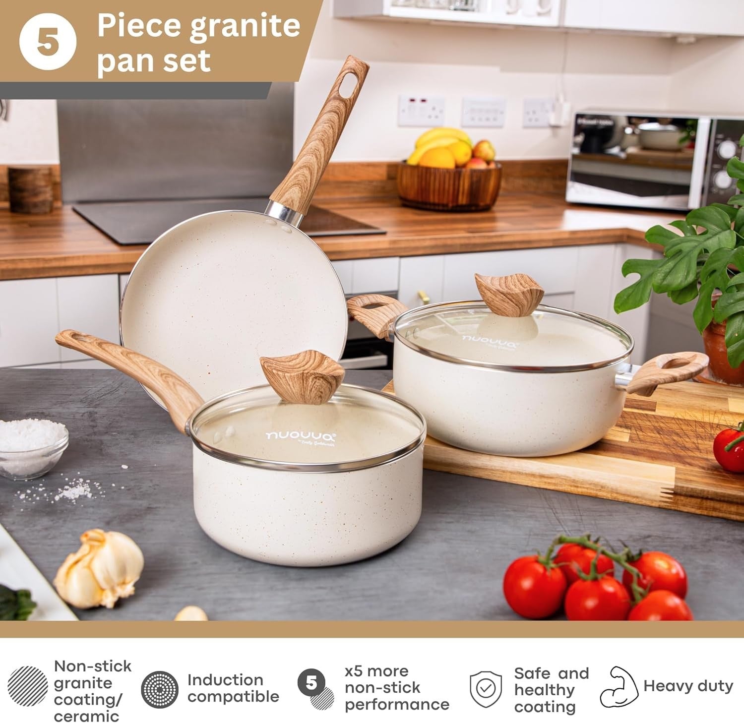 5pcs Cream Granite Non Stick Cookware Set with Lids – Induction Safe Pots