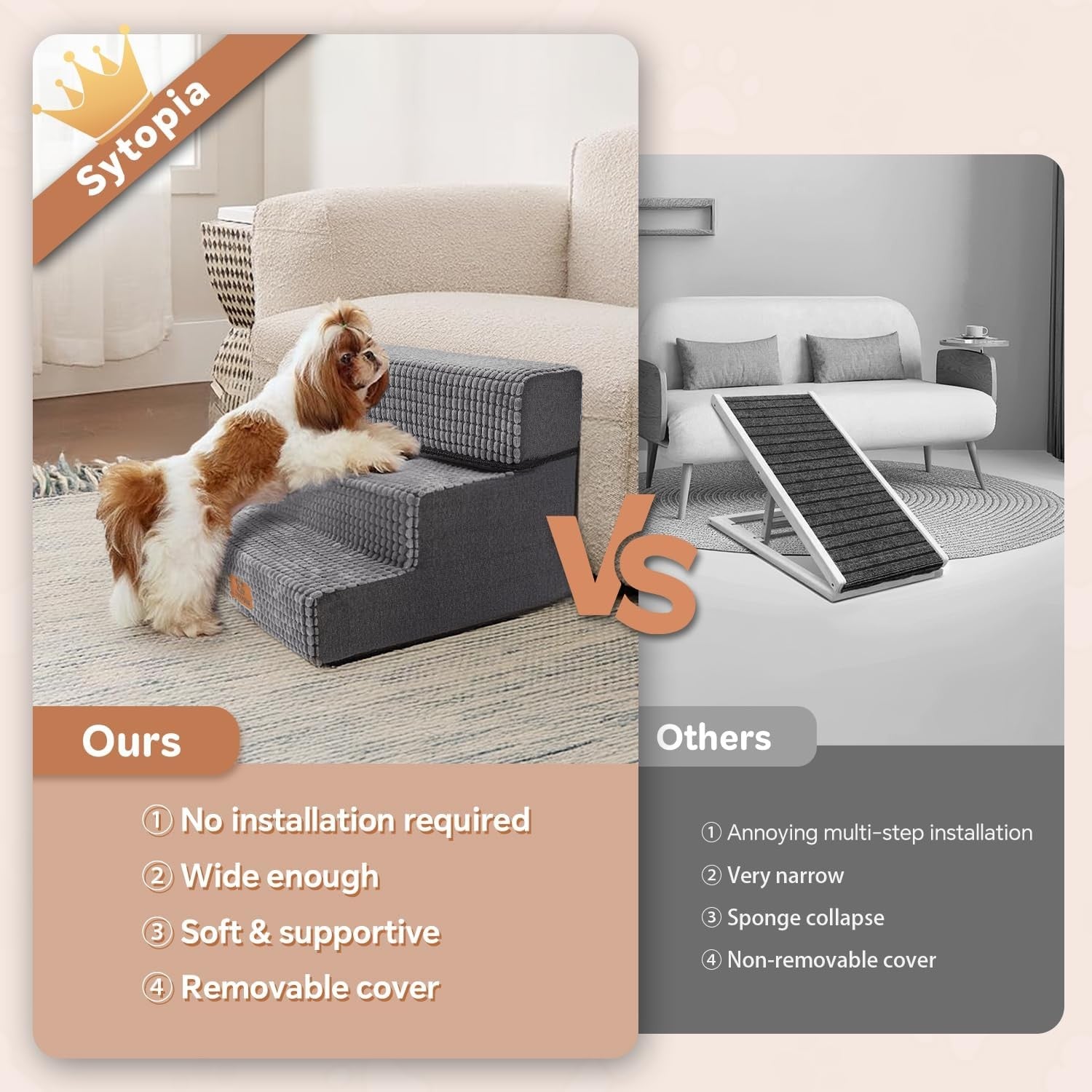 3 Step Dog Stairs Ramp for High Bed Non Slip Foldable Grey