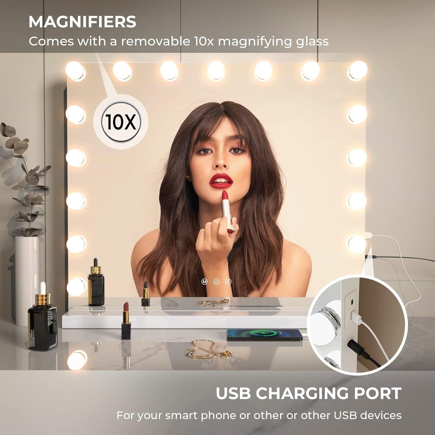 LED Makeup Vanity Mirror 60x50cm | 10X Magnification, USB Charging
